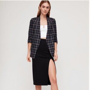Aritzia Babaton Navy Blue Macauley Plaid Open Front 3/4 Sleeve Power Blazer 0